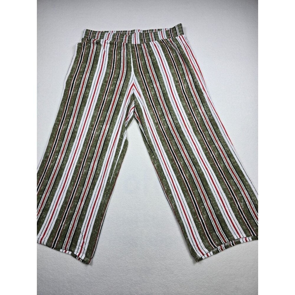 Striped Wide-Leg Pants AGB XL Green Red White Pull On Casual Boho
